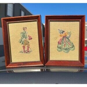 2 VTG Handmade Framed Needlepoint Victorian Themed Wall Art Paper Back Flawed